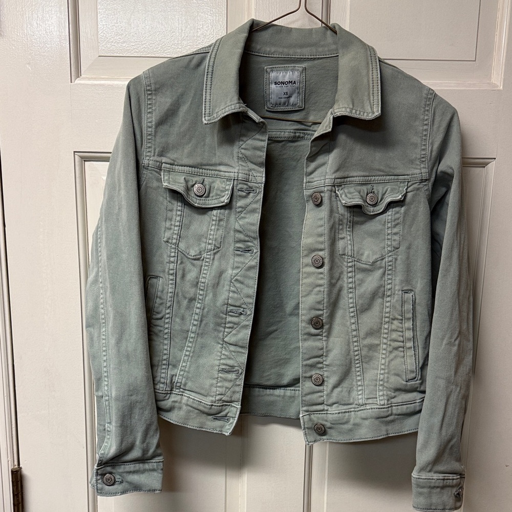 Sonoma The Everyday Jacket Women's XS Stretch Denim Jean Button Up Green Pockets